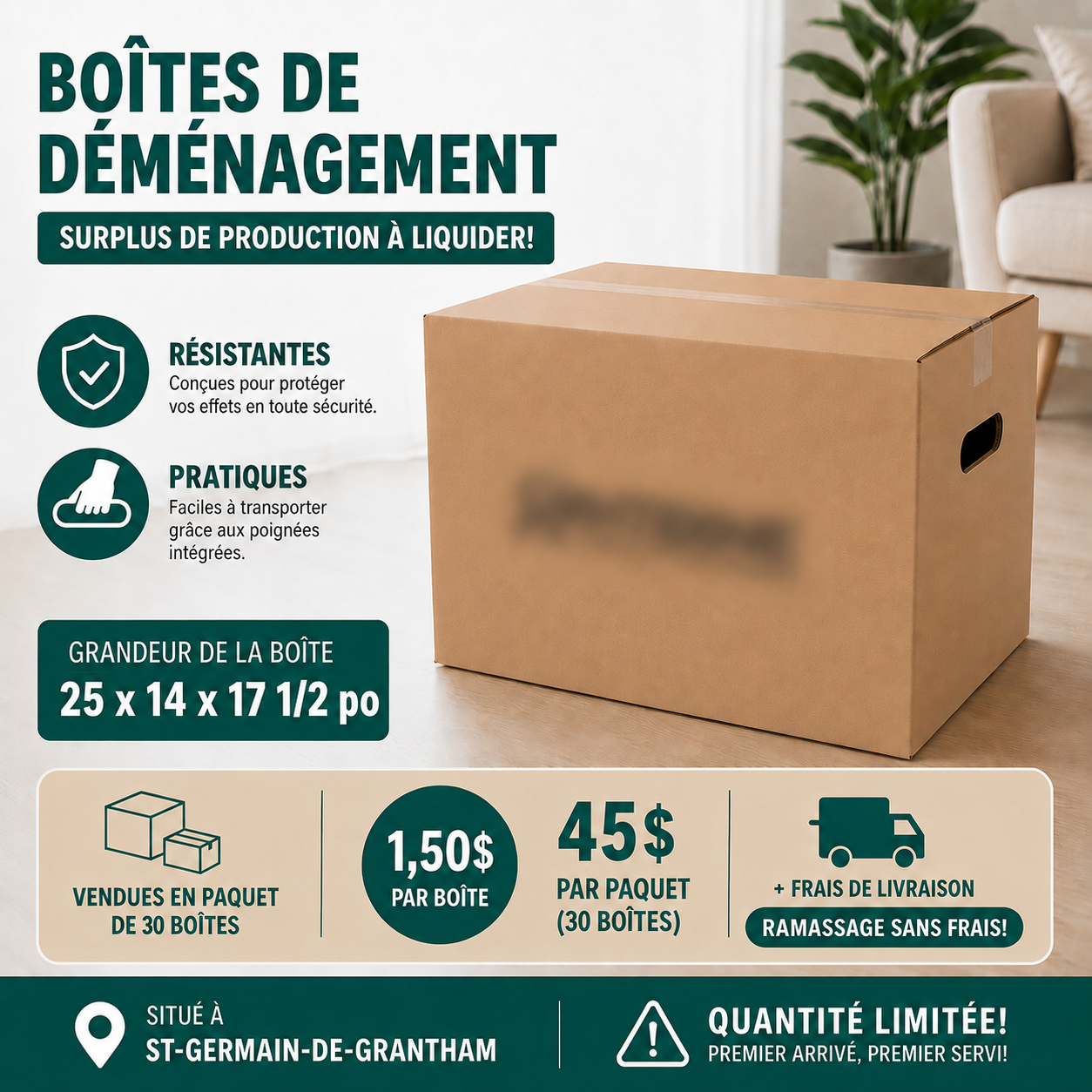 Boîtes avec poignées 25 x 14 x 17 1/2 - Paquet de 30